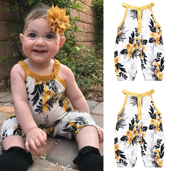 Ins Hot Summer Baby Girls Leaves Printed Rompers 2017 New Arrival Cotton Suspender Jumpsuit Pants Children Wholesale Clothing