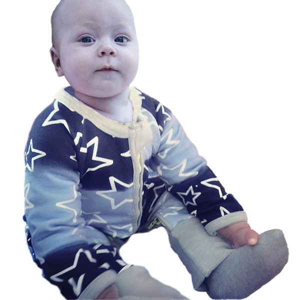 ins hot 2017 spring and autumn newborn baby boy long sleeve blue star printed rompers zipper jumpsuits pants cotton ins clothes