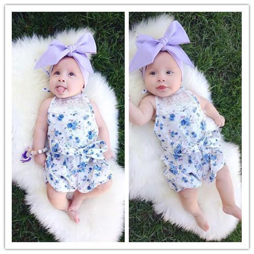 2017 New Arrival Ins Baby Girl Floral Lace Rompers One piece Kids Girls Summer Halter Jumpsuits Rompers