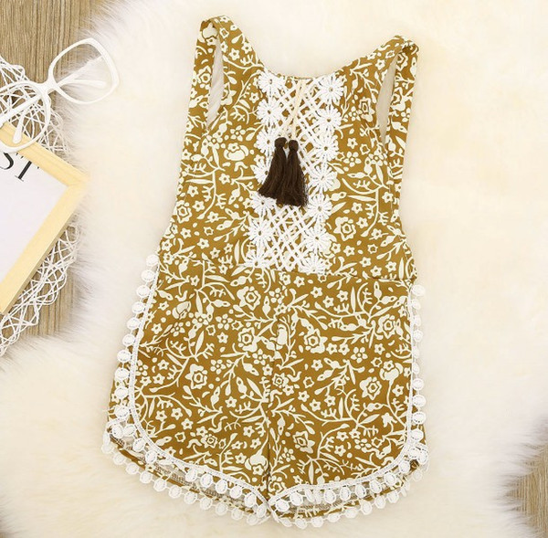 Baby Girl Broken Flower Lace Rompers Newborn Baby Cotton Tassel Rompers Infant Summer Suspender Backless Rompers One Piece Bodysuit