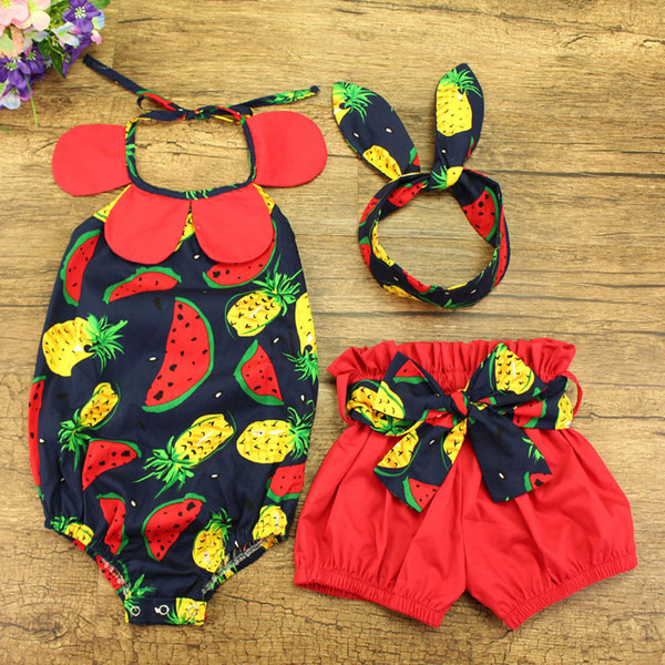 2016 Baby
8000
 Water Melon Printed Rompers+Shorts +Headbands INS baby Rompers Lotus leaf sleeveless Floral Jumpsuits cotton Rompers Three Piece