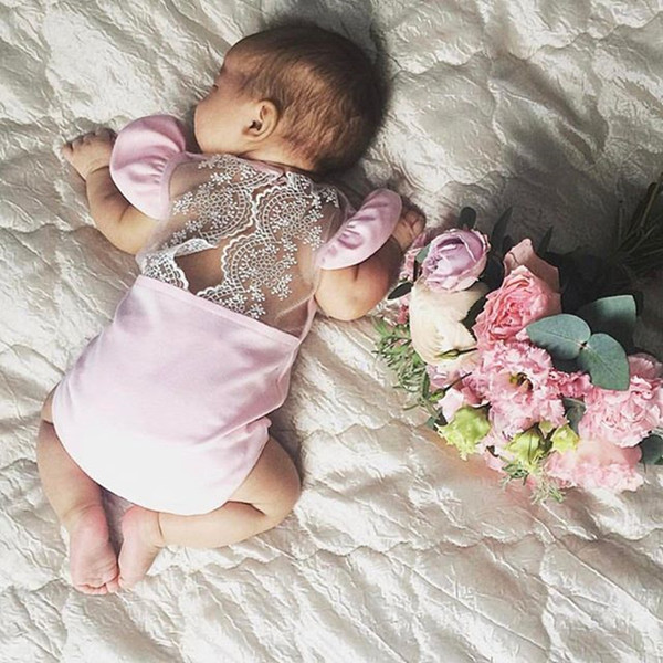 2017 Ins Summer Baby Girl Pure Color Fly Sleeve Rompers One-piece Infant Toddler Lace Backless Triangle Rompers Kids Cotton Jumpsuits