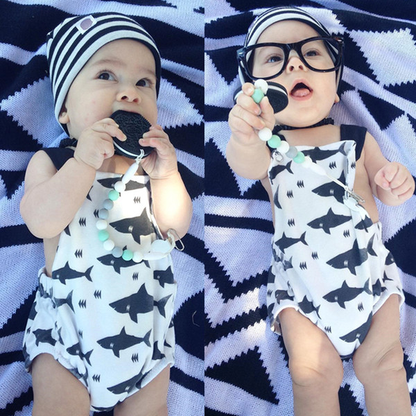 2016 summer INS baby boy girl rompers toddler suspender shark printed triangle babysuits newborn infant romper open crotch 60 70 80 90