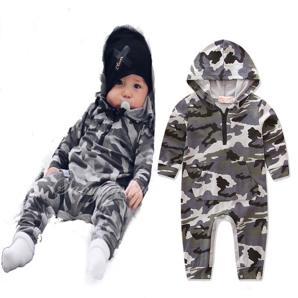 2017 Autumn Baby Boys Zipper Romper European Fashion Long Sleeve Hooded Camouflage Bodysuit Playsuit Wholesale Clothes