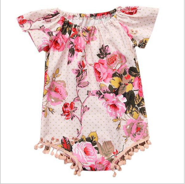 Ins Summer Baby Girl Pink Floral Princess Rompers 2017 Toddlers Girl Fly Sleeve Triangle Pompon Climb Rompers