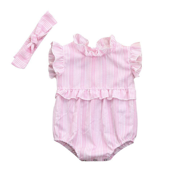 Children's summer jumpsuit new lotus leaf lace baby baby striped jumpsuit + Headband 0-4 years old