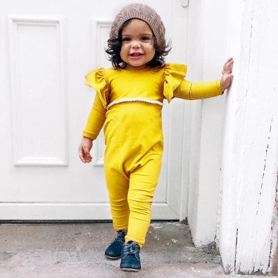 Girls Vintage Ruffle Fly Sleeve Romper Long Sleeve Autumn Romper Cute Yellow Bodysuit Playsuit Toddler Infant Baby Clothes