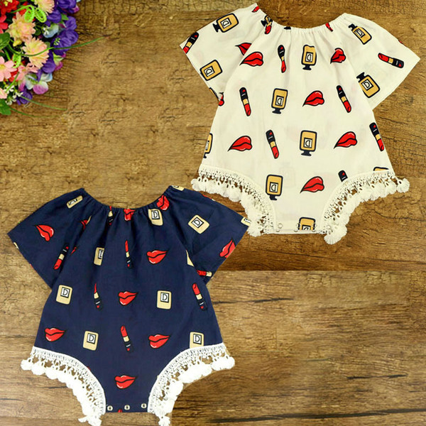 Baby Lipstick Printed Rompers Toddler Girls Clothing 2017 Spring Summer Fashion Cute Tassels Lace Short Sleeve Cotton Romper