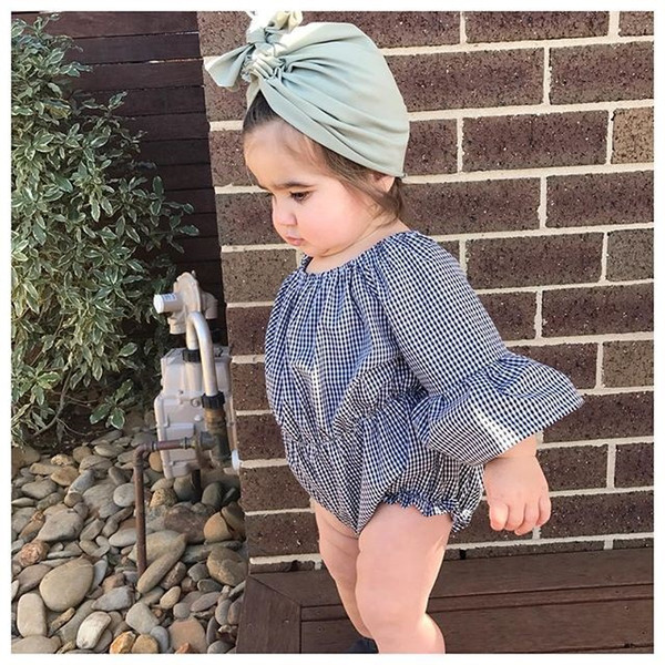 2019 new baby jumpsuit plaid cotton onesies trumpet sleeves romper 0-4 years old