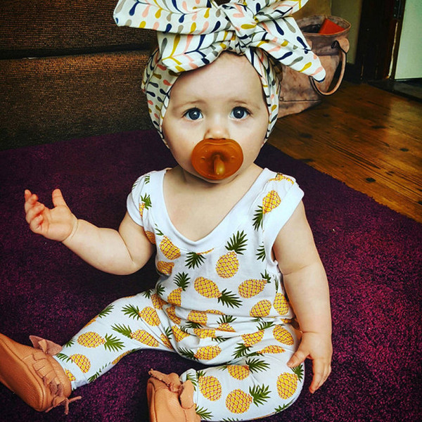 2017 Ins Summer Baby Girl Pineapple Printed Rompers+bow Headband 2pcs Wholesale Pretty Girl Fruit Jumpsuits Pants