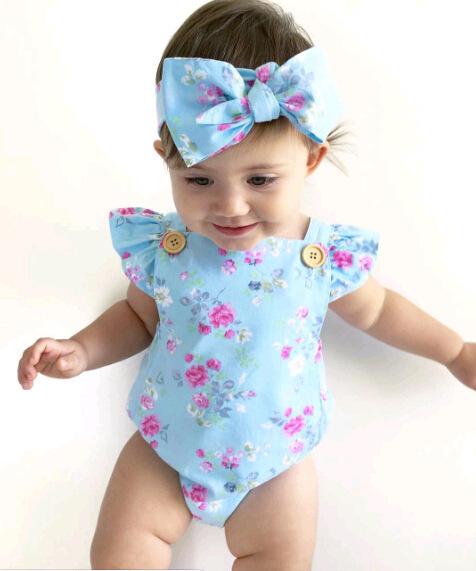 2019 Summer girls baby blue big flower jumpsuit + Headband baby button strap jumpsuit 0-4 years old