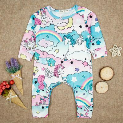 2018 Spring Autumn Wholesale Romper Cotton Baby Boys Girls Unicorn Print Jumpsuit Baby Clothes For 0-18m