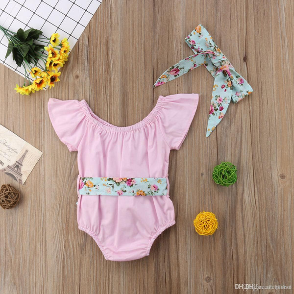 Lovely Newborn Infant Baby Girl Floral Jumpsuit Bodysuit Fly Sleeve Cotton +Belt+Headband +Outfits Sunsuit