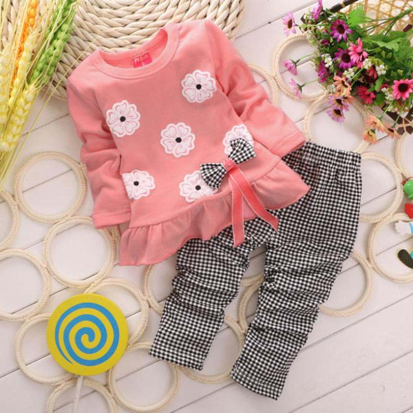 2017 2016 Girls clothes Baby Girl Clothing Set Children Flower Bow Cute Suit Kids Twinset Top T Shirt +Plaid Pants Leggings