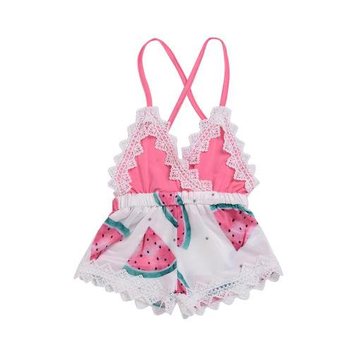 2019 Summer Newborn Toddler Baby Girl Lace Water Melon Romper Jumpsuit Christening Strap Cute Summer Clothes Outfit