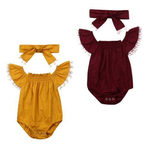 2019 New Fashion Newborn Baby Girl Bodysuit Short Sleeve Ruffle Top+Headband Solid Jumpsuit Bodysuit Outfit Set Clothes 0-18M