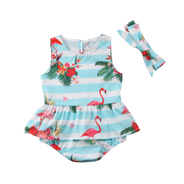 2019 Newborn Baby Girl Clothes Flamingo flower print round neck Ruffle sleeveless striped Bodysuit Bow Headband 2pc cotton kid Outfit