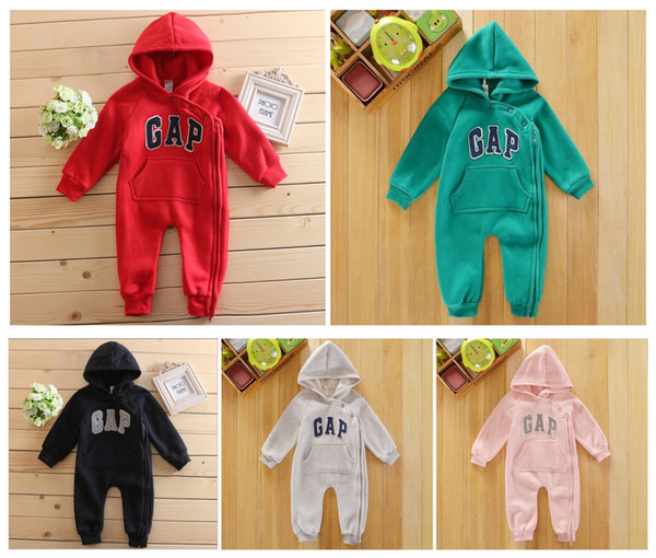 Infant Romper Clothes Fashion Baby Boy Girl Winter Velvet Thicken Bodysuit Letter Embroidery Romper Hooded Clothes Onesies 5colors