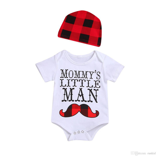 Newborn Baby Boys Girsl Clothes short sleeved Moustache Romper + infant Plaid Cap 2pcs Set Onesies Bodysuit