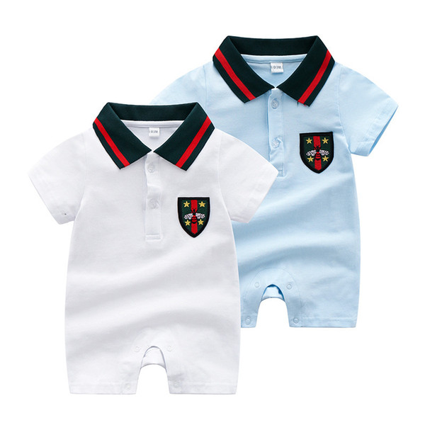 High Quality Pure Cotton Baby Clothes Summer Boy Newborn Soft Short Sleeve Jumpsuits Lapel Overalls Children White And Sky Blue