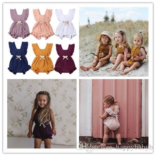 INS Baby Girls Ruffle Flying sleeve Romper Jumpsuits 2019 summer fashion Back cross Climbing clothes Boutique