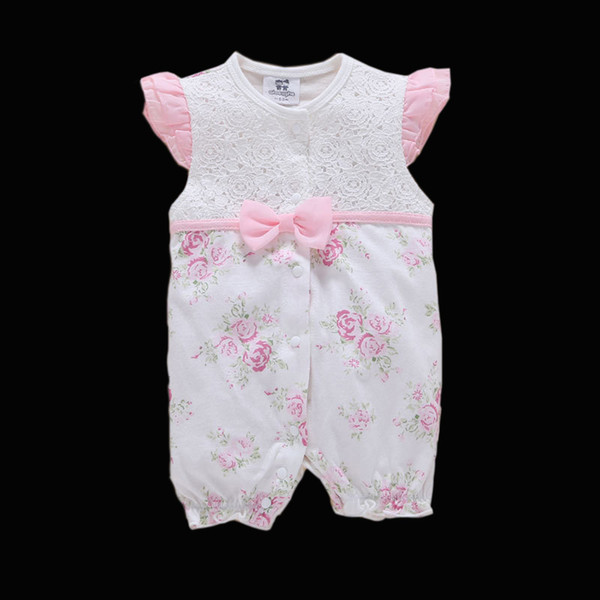 Wholesale 2017 Newborn Baby Girls Sweet Romper Newborn Short Sleeve Lace Floral Cotton Overalls Infant Bow Jumpsuit Princess Summer Clothing