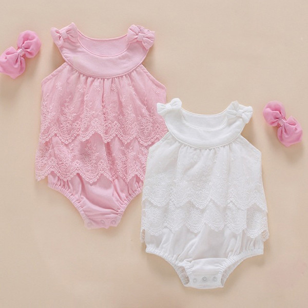 High Quality Baby Girl Ins Baby Cotton Bodysuit Cute Lace and Bow Vest Jumpsuit Sweet Pink Princess Dress Hairband NewBorn Party Clothing