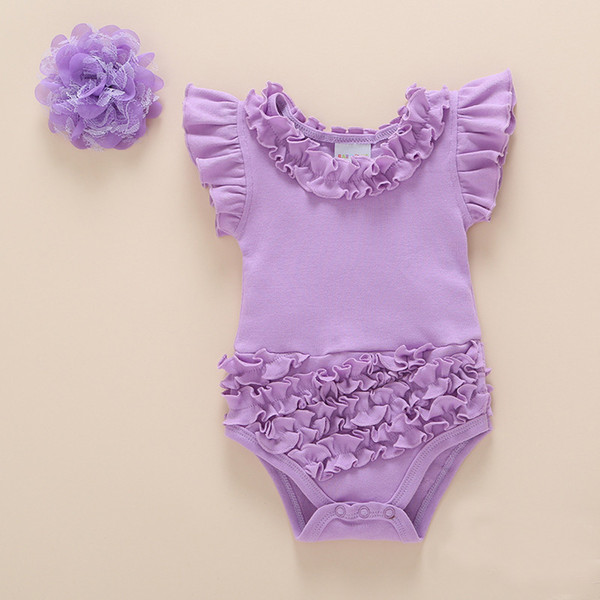 Ins Baby Girl Sweet Pink Violet Bodysuit+Hairband Newborn Princess Fashion Ruffle Lace Summer Clothing Bebe Cotton Triangle Jumpsuit