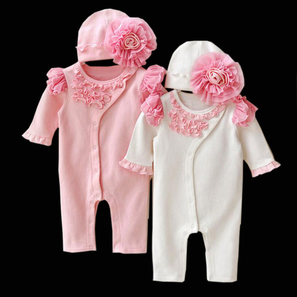 2017 Newborn Baby Girl Princess Clothing Lace Long Sleeve Romper Hat Set Lovely Newborn Infant 100% Cotton Jumpsuits Overalls Outerwears