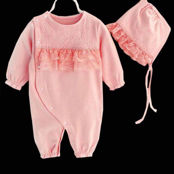 Wholesale 2017 Newborn Baby Girls Princess Clothes Infant Spring Autumn Lace Cotton Rompers+Hats Clothing Sets Jumpsuit Overalls Outerwear