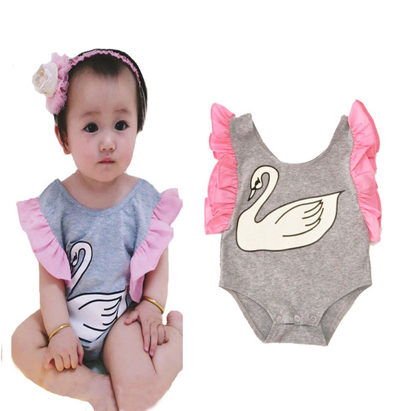 Baby Girl Rompers 2017 Summer New Cute Swan Fly Sleeve Girls Jumpsuit Romper Cartoon Animal Infant Romper Bodysuit For Baby Girl Clothes