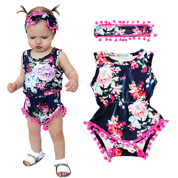 Baby Girl Pretty Romper 2017 Summer Flower Tassel Newborn Rompers+Headband 2pcs Floral Girls Jumpsuit Headdress Kids Infant Clothes Outfits