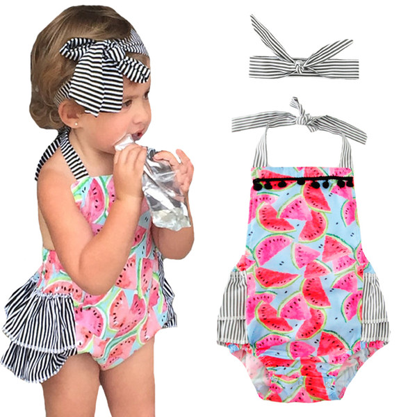 Baby Girl Romper Headband 2017 Summer Watermelon Halter Jumpsuit Rompers+Stripe Headwear 2pcs Tassel Kids Newborn Cothes Outfits