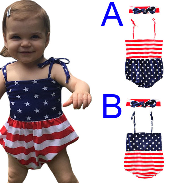 2017 Fashion Stars Stripe Girl Boy Rompers+Bow Headband 2pcs Kids Infant Clothes Outfits Summer Suspender Baby One Pieces Jumpsuit Costume