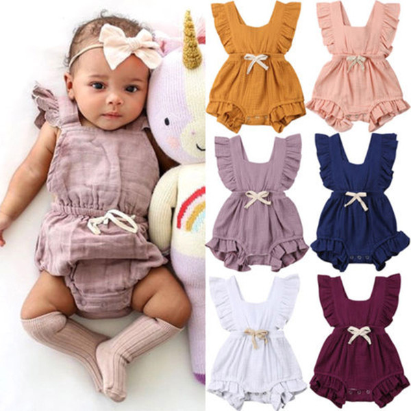 2019 Pretty Summer Newborn Kid Baby Girl Summer Bodysuit Lotus Ruffle Sleeve Climb Romper Solid Jumpsuit For 0-24M