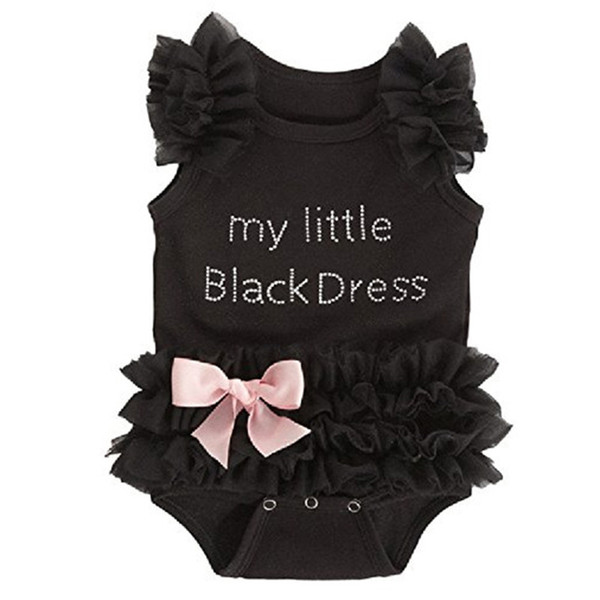 Newborn Baby Girls Bodysuits Fashion Bowknot Lace My Little Black Dress Letter Print Infant Baby Bodysuit Black