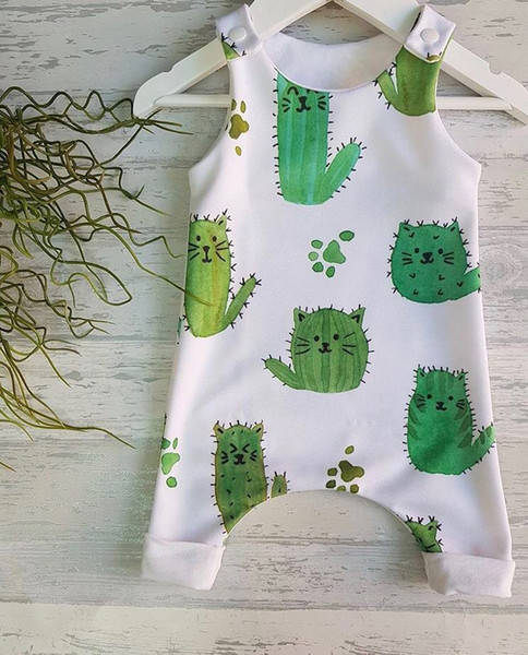 2018 new design baby summer soft cotton rompers infant toddlers cactus kitty paw print jumpsuit