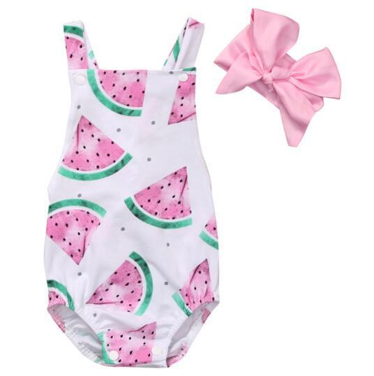 2017 ins new designs newborn baby summer rompers infant toddlers watermelon printed jumpsuit with pink headband 2pcs outfits