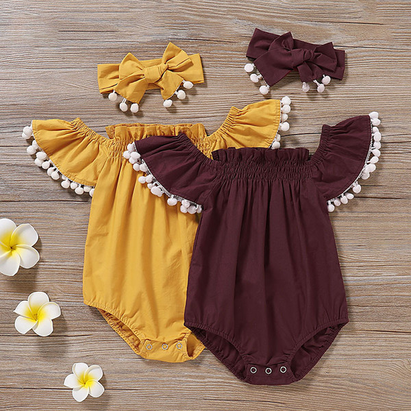 kids designer clothes girls boys Flying sleeve romper infant toddler off shoulder Jumpsuits Summer Tassel ball baby Climbing Clothing C6625