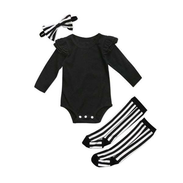 Pudcoco 2017 Newborn Baby Girls Black Flying Sleeve Bodysuit + Leggings Socks Headband Outfits Set 2017 Clothes