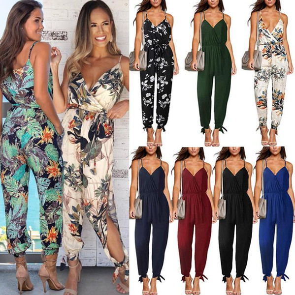 Women Floral Jumpsuits 8 Colors Playsuit Bodycon Party Romper Trousers Backless Sling Print V-neck Summer Jumpsuits LJJO6991