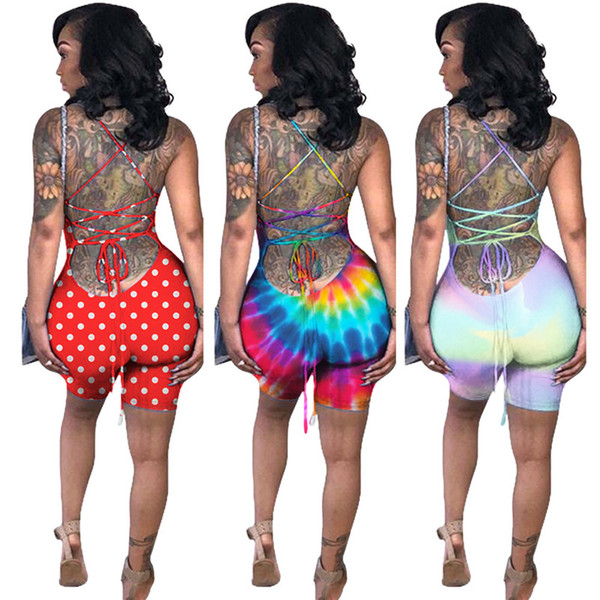 Summer Women Dot Rainbow Tie-dyed Print Shorts Jumpsuit Sexy Gallus Tops Backless Drawstring Vest Sleeveless Romper Clubwear S-3XL A41701