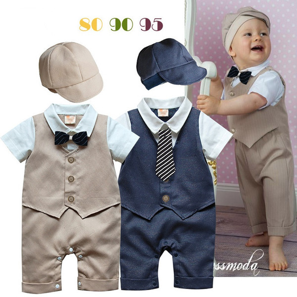 Handsome Baby Boys Clothes Newborn Rompers Gentleman Costumes Baby Jumpsuits With Hats Short Sleeve Tuxedo Vest Cotton Bow Ties Bodysuits