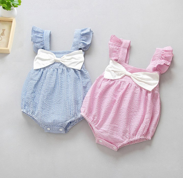 ins hot sale baby girl striped romper pink blue solid color ruffle rompers with bow newborn baby boutique rompers