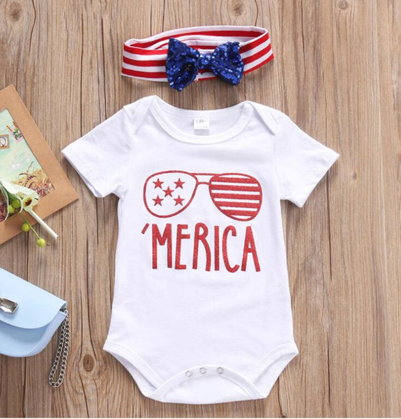 ins hot sale baby girl giltter romper infant fourth of july boutique cotton rompers with headwear newborn clothing set