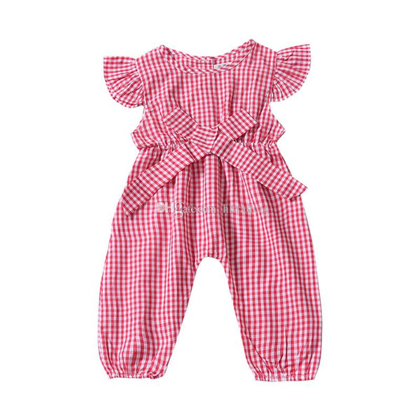 Baby girls Plaid Flying sleeve romper children lattice Bib pants Jumpsuits 2019 summer Straps pants Boutique kids Clothing C5748