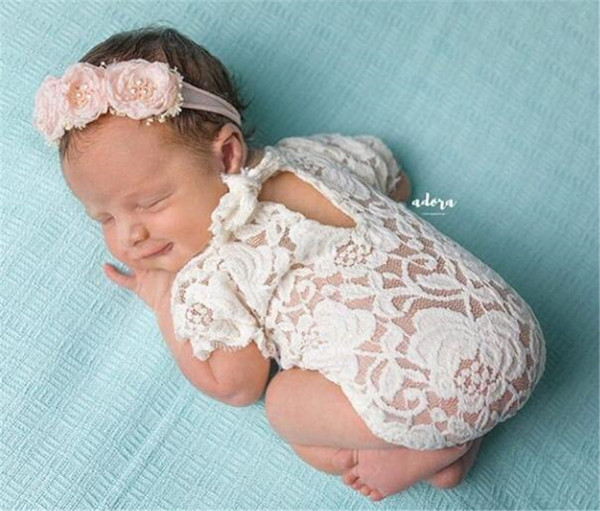 Newborn Baby Lace Romper Photography Rompers Baby Girl Cute petti Bow Jumpsuits Infant Toddler Photo Clothing Soft Lace Bodysuit 0-3M KBR08