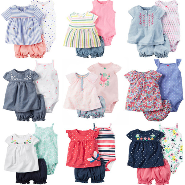 Multi Styles 3pcs Baby Girls Summer Clothes T- Shirts Short Pants Baby Romper