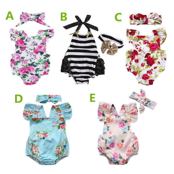 Newborn baby girl clothes summer flower romper jumpsuit onesies +headband 2pcs kid clothing boutique outfits babies girls toddler 0-24M