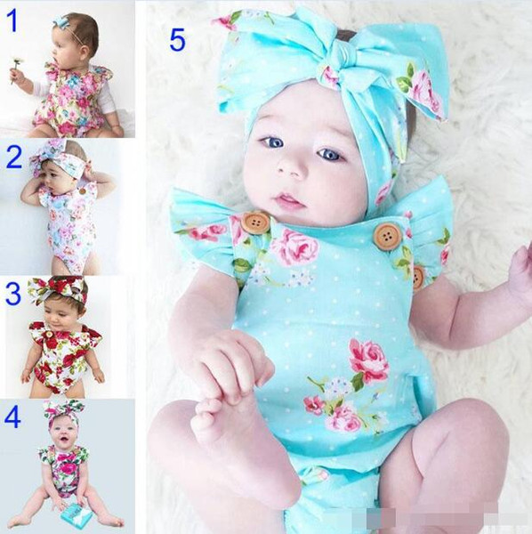 5 Style INS Baby Boy girl rompers suits Children ins cartoon Flower Flying sleeve triangle rompers+Hair band 2pcs set baby clothes